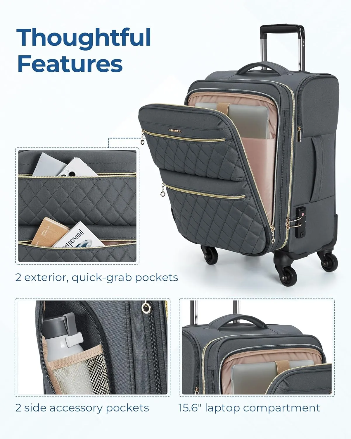 BAGSMART Softside Expandable Luggage Airline Approved with Spinner Wheels, 20 Inch Carry On Luggage 22x14x9 with TSA Lock, Rolling Suitcases with Tote Bag, Gray