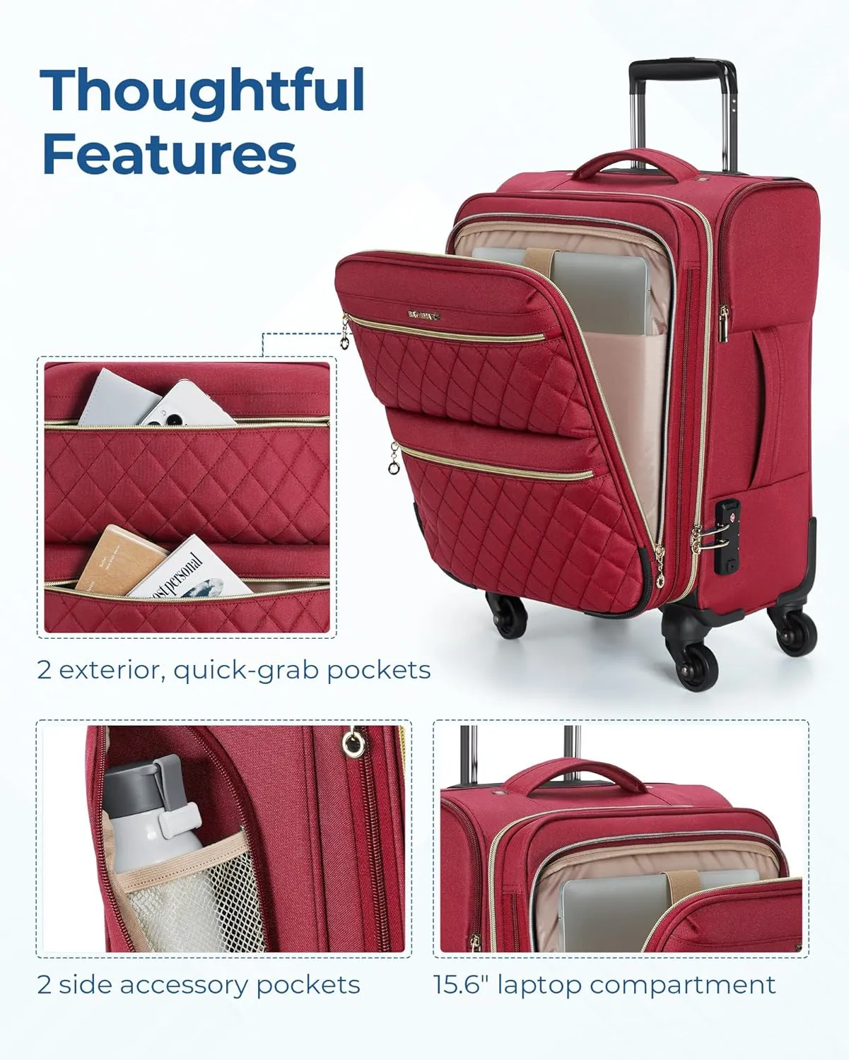 BAGSMART Softside Expandable Luggage Airline Approved with Spinner Wheels, 20 Inch Carry On Luggage 22x14x9 with TSA Lock, Rolling Suitcases with Tote Bag, Red