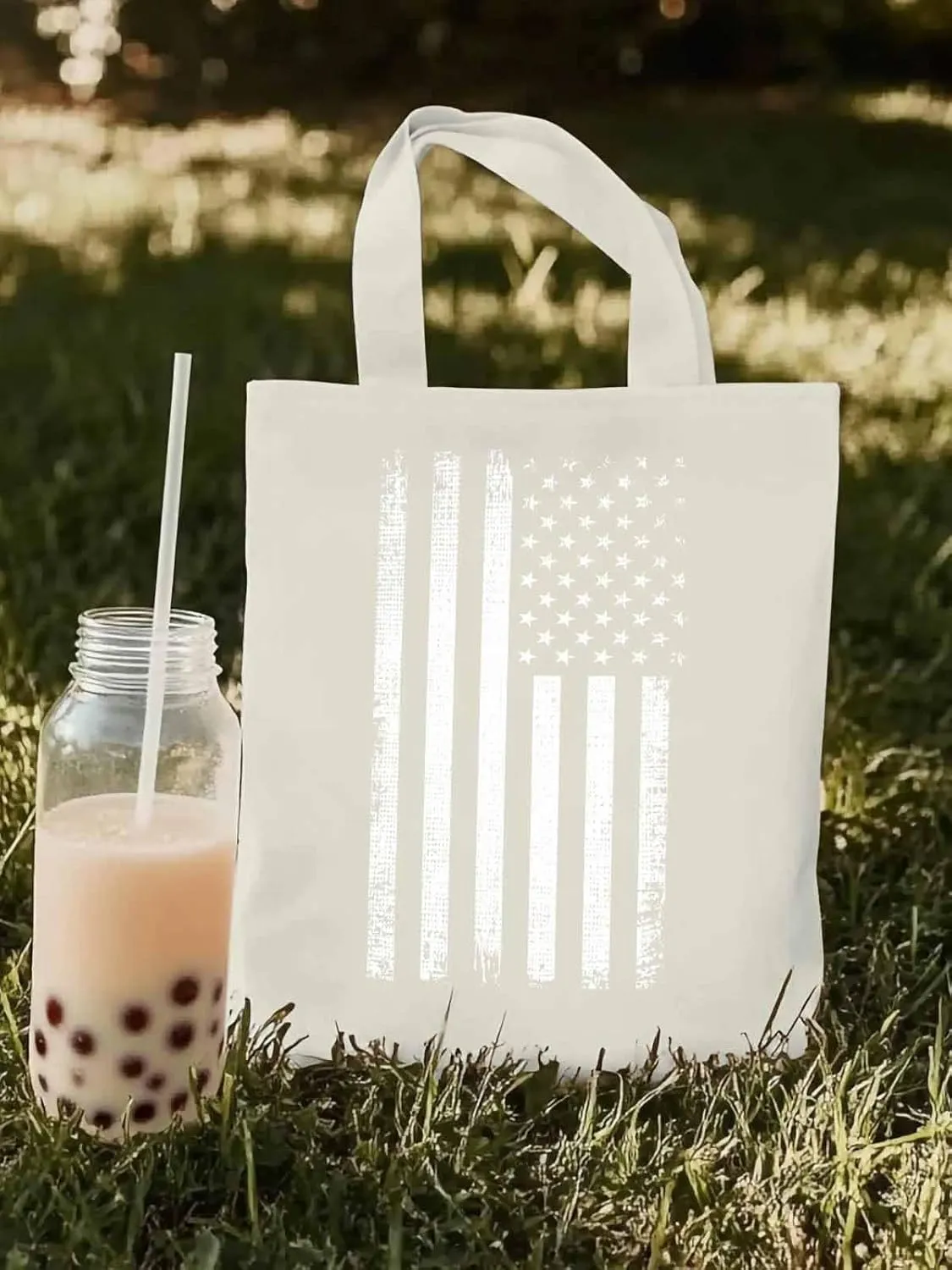Black American Flag Canvas Tote Bag, Vintage Aesthetic Canvas Tote Handbags for Women Shoulder Bag