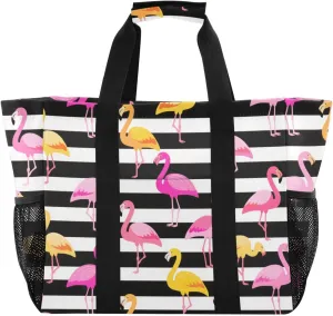 Black and White Striped Flamingo Utility Bag And Tote Collapsable Beach Tote Water Resistant Reusable Grocery Bags with Handles Laundry Bags Travel