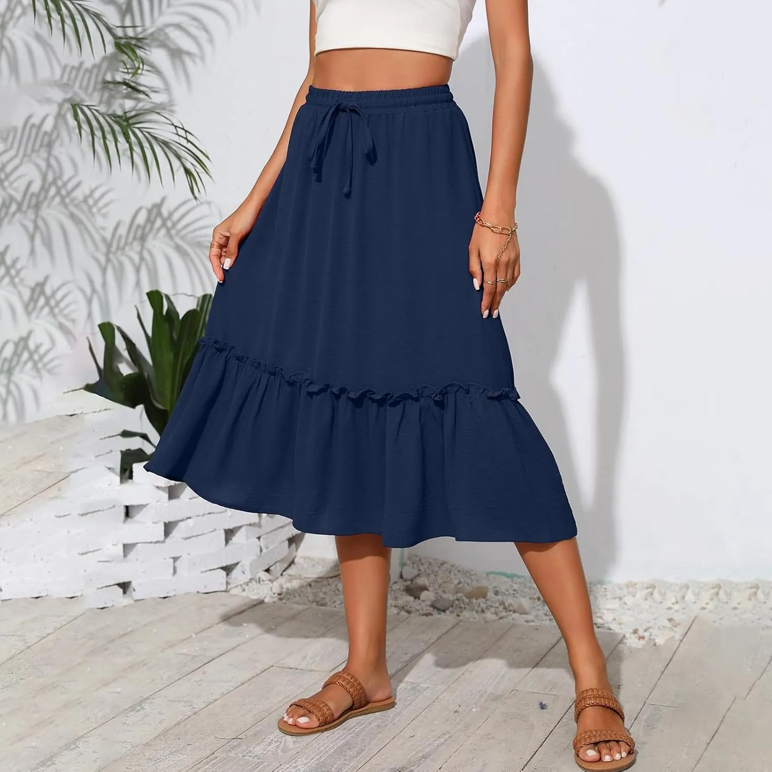 Black Pleated Skirt for Women with Pockets Plus Size A Line Layered Skirts Summer Stretchy Drawstring Beach -Skirts