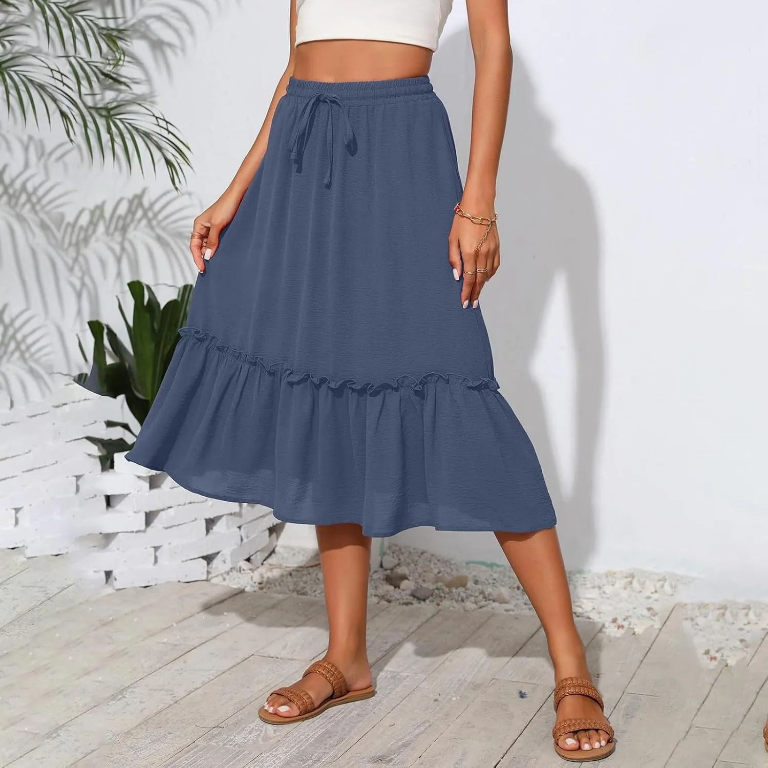Black Pleated Skirt for Women with Pockets Plus Size A Line Layered Skirts Summer Stretchy Drawstring Beach -Skirts