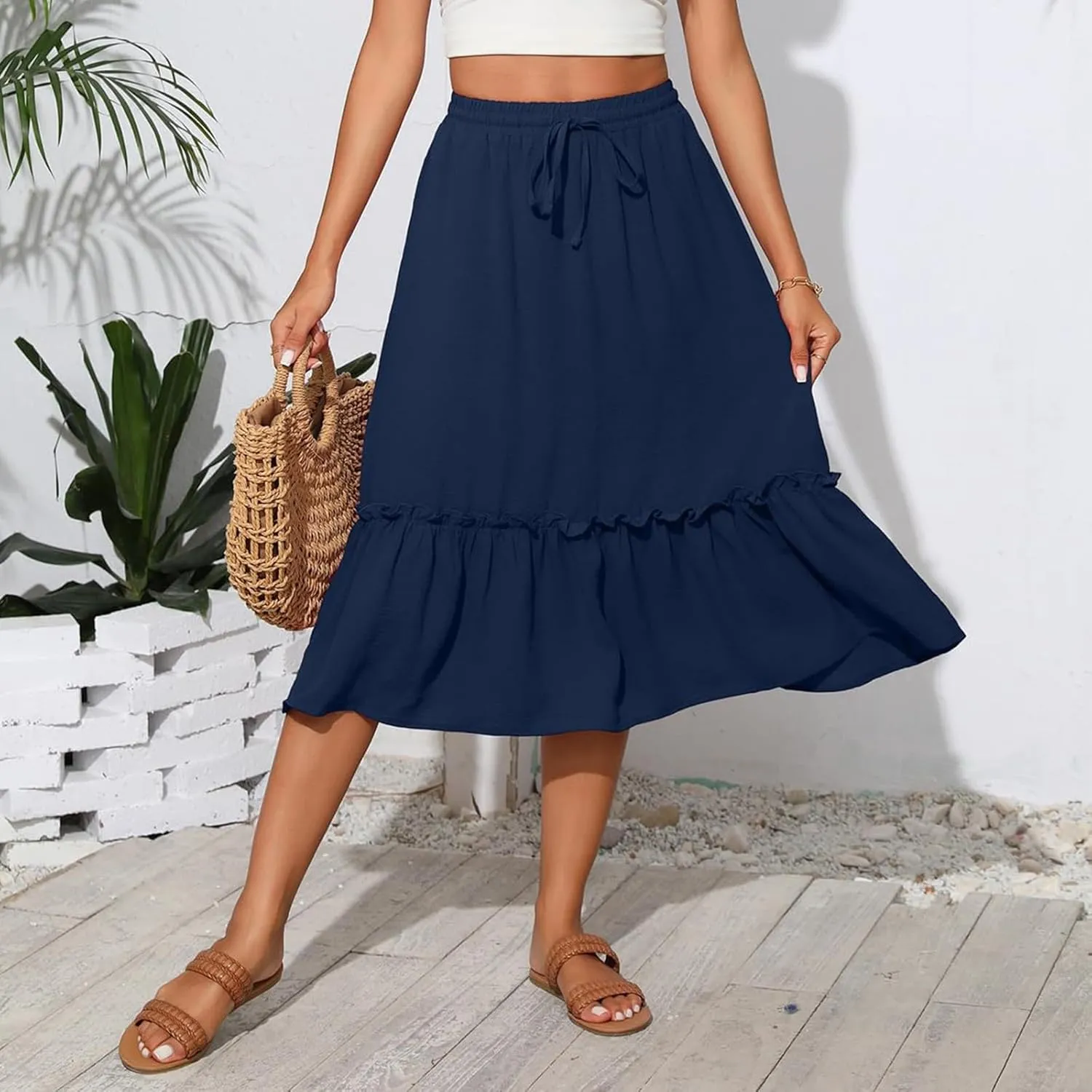 Black Pleated Skirt for Women with Pockets Plus Size A Line Layered Skirts Summer Stretchy Drawstring Beach -Skirts