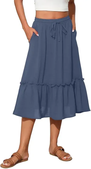 Black Pleated Skirt for Women with Pockets Plus Size A Line Layered Skirts Summer Stretchy Drawstring Beach -Skirts