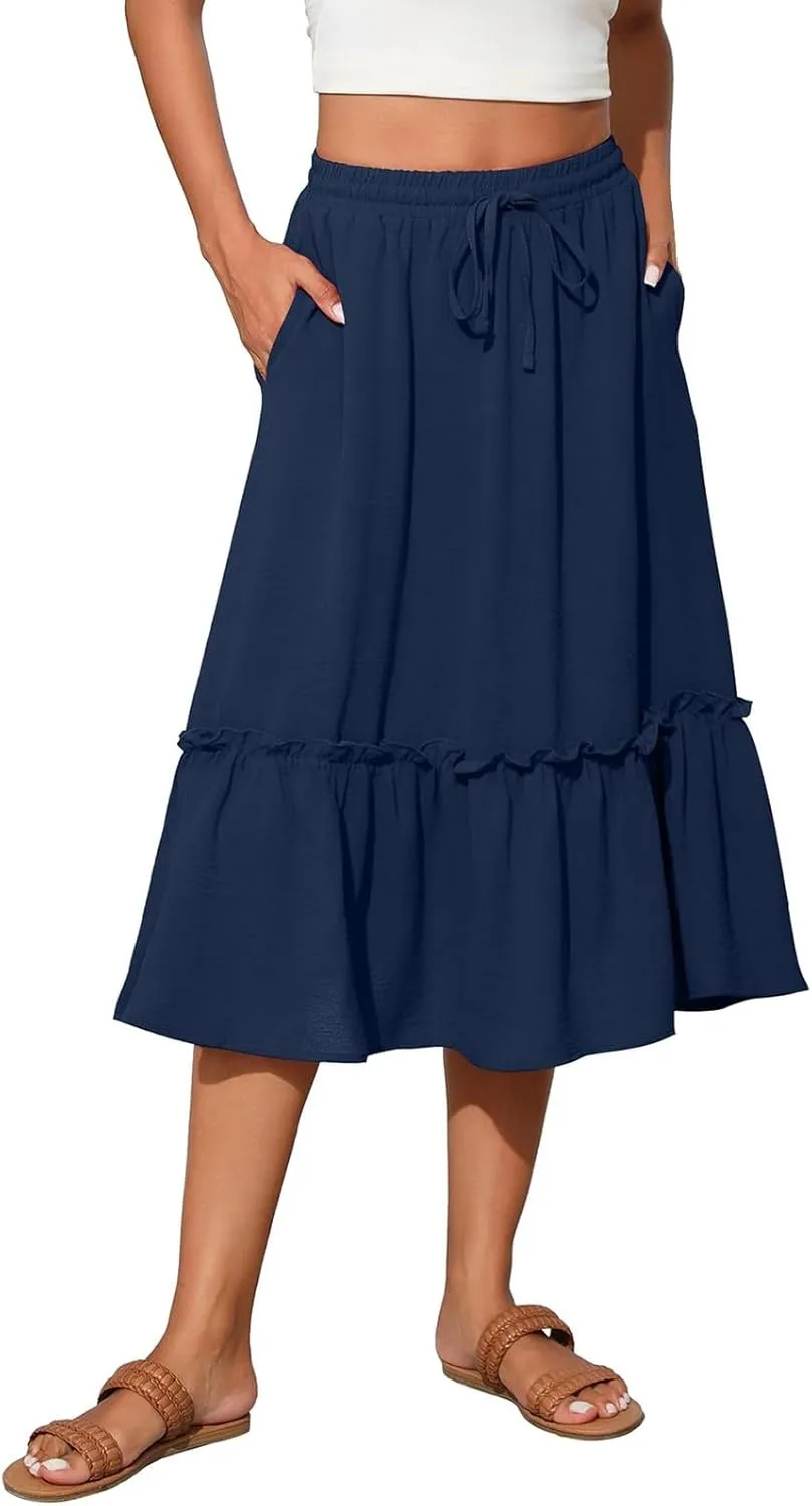 Black Pleated Skirt for Women with Pockets Plus Size A Line Layered Skirts Summer Stretchy Drawstring Beach -Skirts