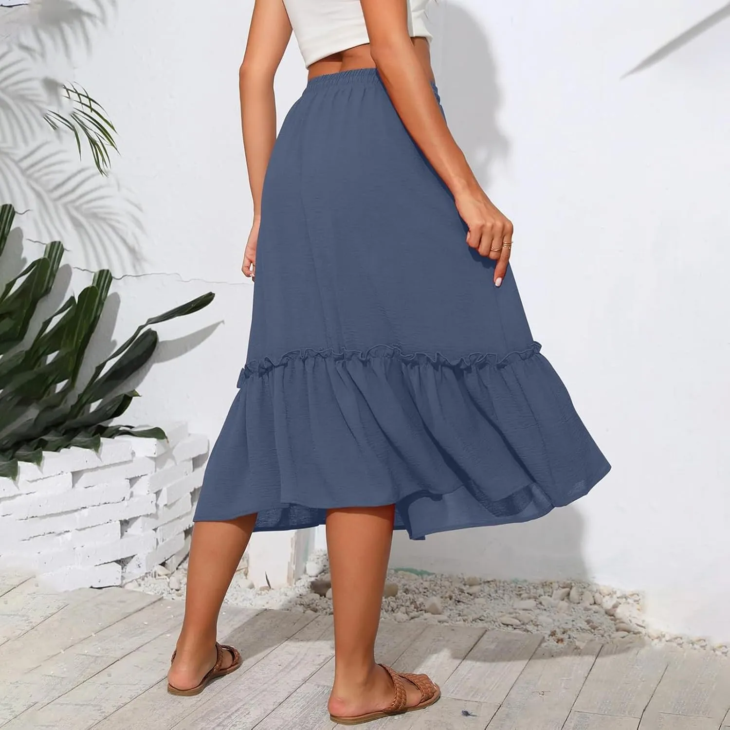 Black Pleated Skirt for Women with Pockets Plus Size A Line Layered Skirts Summer Stretchy Drawstring Beach -Skirts