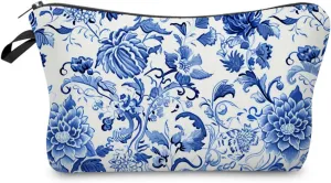 Blue and White Porcelain Makeup Bag Cute Organizer Bag Travel Toiletry Zipper Pouch Chinese Vintage Floral Blue White Porcelain Cosmetic Bag Birthday Gifts for Women