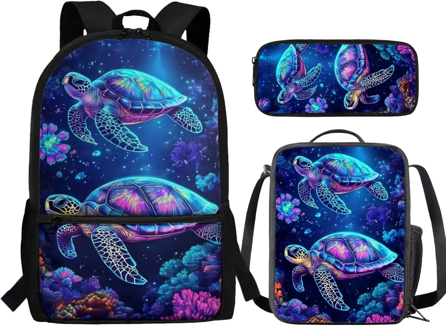 Blue Sea Turtle Print Kids Backpack 3 Pieces Set Large Capacity School Bags with Heat Insulated Lunch Bags and Small Pencil Bags 3 Pack