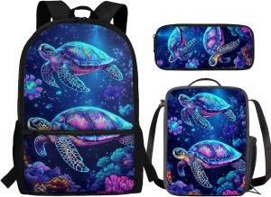 Blue Sea Turtle Print Kids Backpack 3 Pieces Set Large Capacity School Bags with Heat Insulated Lunch Bags and Small Pencil Bags 3 Pack