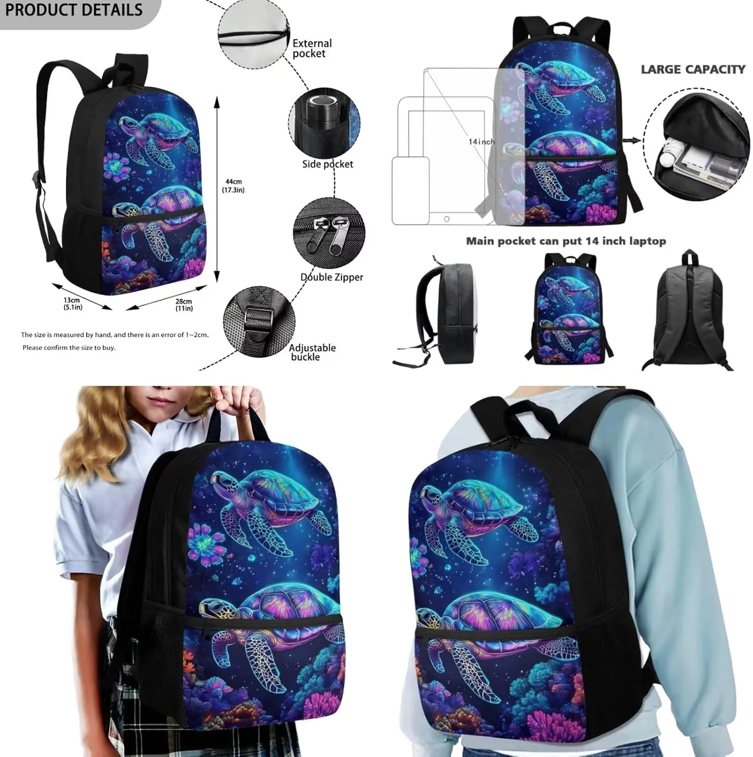 Blue Sea Turtle Print Kids Backpack 3 Pieces Set Large Capacity School Bags with Heat Insulated Lunch Bags and Small Pencil Bags 3 Pack