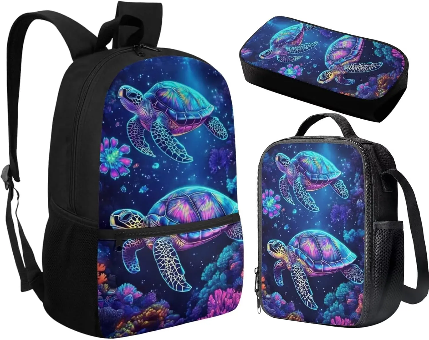 Blue Sea Turtle Print Kids Backpack 3 Pieces Set Large Capacity School Bags with Heat Insulated Lunch Bags and Small Pencil Bags 3 Pack