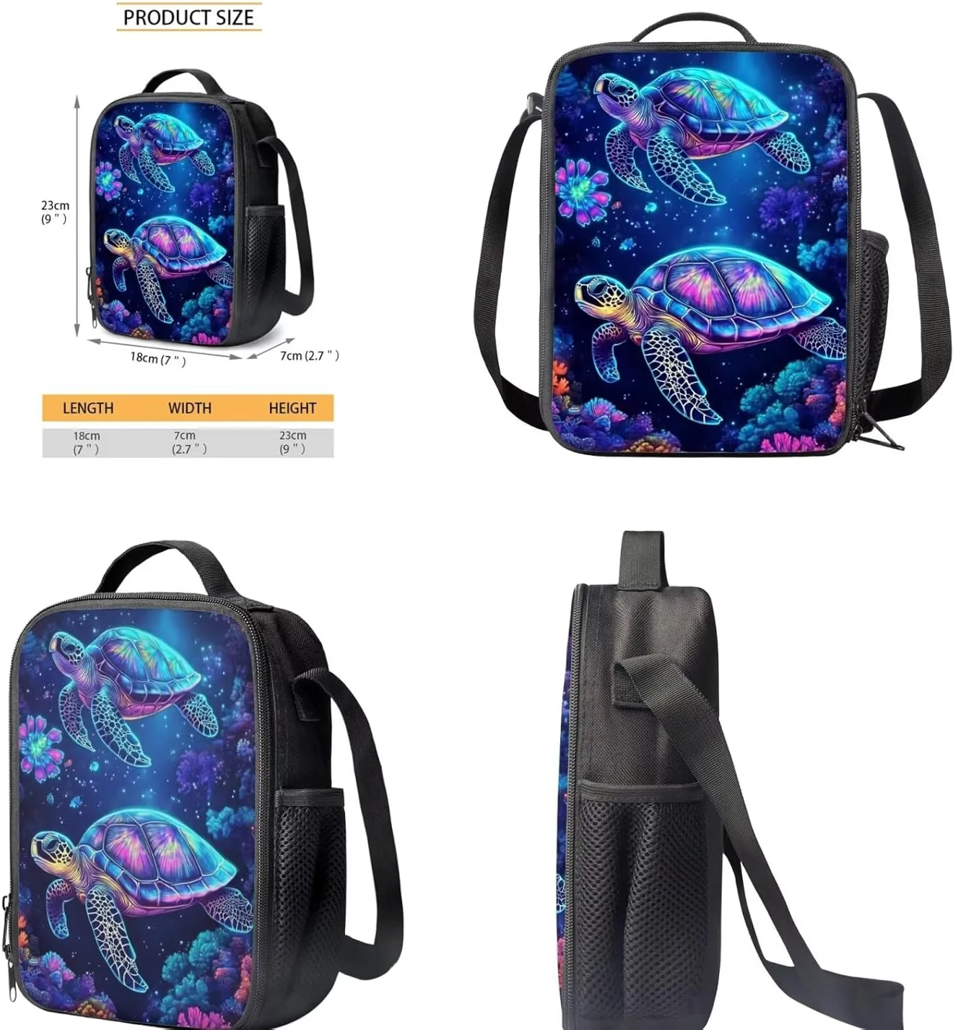 Blue Sea Turtle Print Kids Backpack 3 Pieces Set Large Capacity School Bags with Heat Insulated Lunch Bags and Small Pencil Bags 3 Pack
