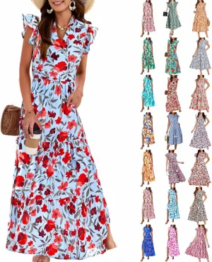 Boho Dresses for Women,2025 Summer Trendy Floral Beach Vacation Dress,Elegant V Neck Cap Sleeve Flowy Midi Dress