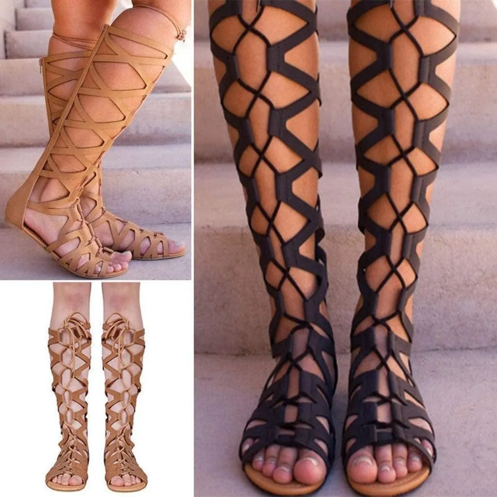 BORAMAX Strappy Gladiator Sandals - Flat, Lace Up, Open Toe, Knee High Roman Sandals for Women Summer Beach