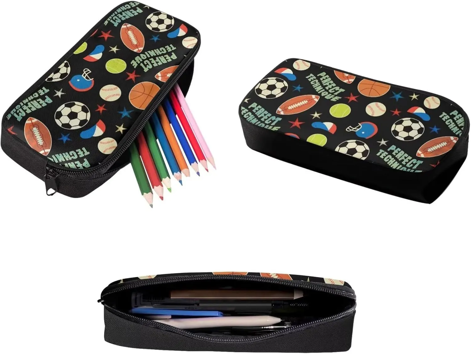 Boys School Backpack with Lunch Bag 3 in 1 Balls Print Pen Case for Kids Elementary School Backpack 17 inch with Laptop Compartment and Insulated Lunch Box with Zipper Pockets