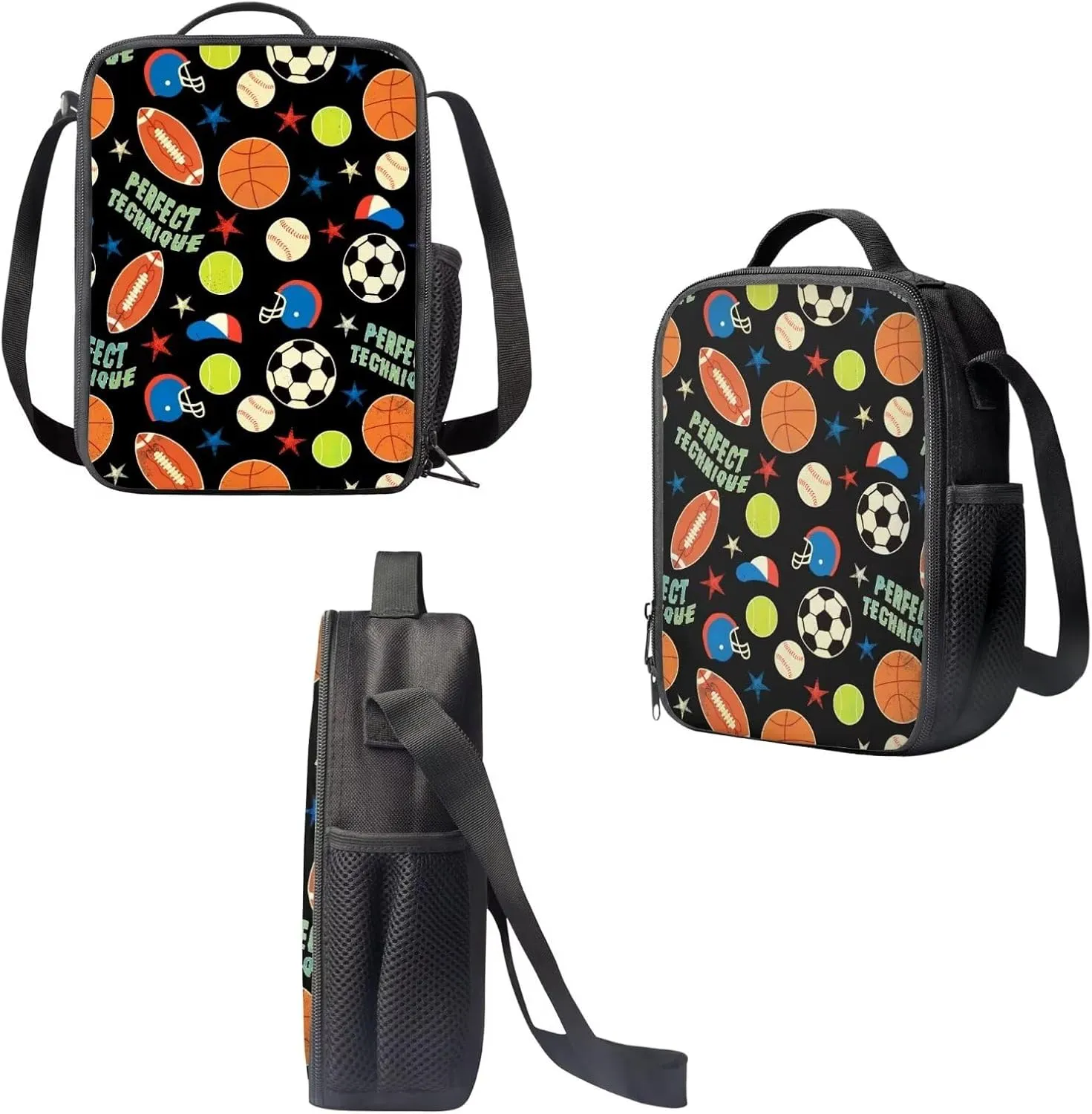Boys School Backpack with Lunch Bag 3 in 1 Balls Print Pen Case for Kids Elementary School Backpack 17 inch with Laptop Compartment and Insulated Lunch Box with Zipper Pockets