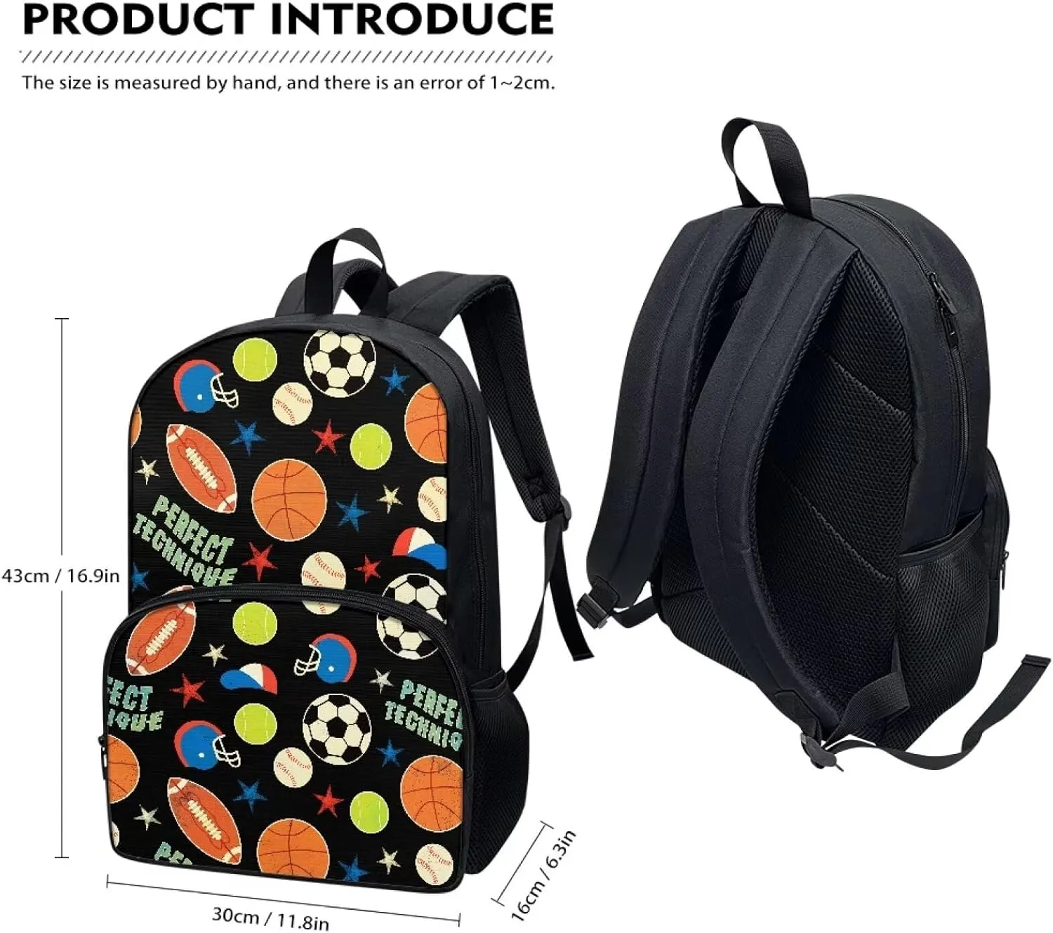 Boys School Backpack with Lunch Bag 3 in 1 Balls Print Pen Case for Kids Elementary School Backpack 17 inch with Laptop Compartment and Insulated Lunch Box with Zipper Pockets