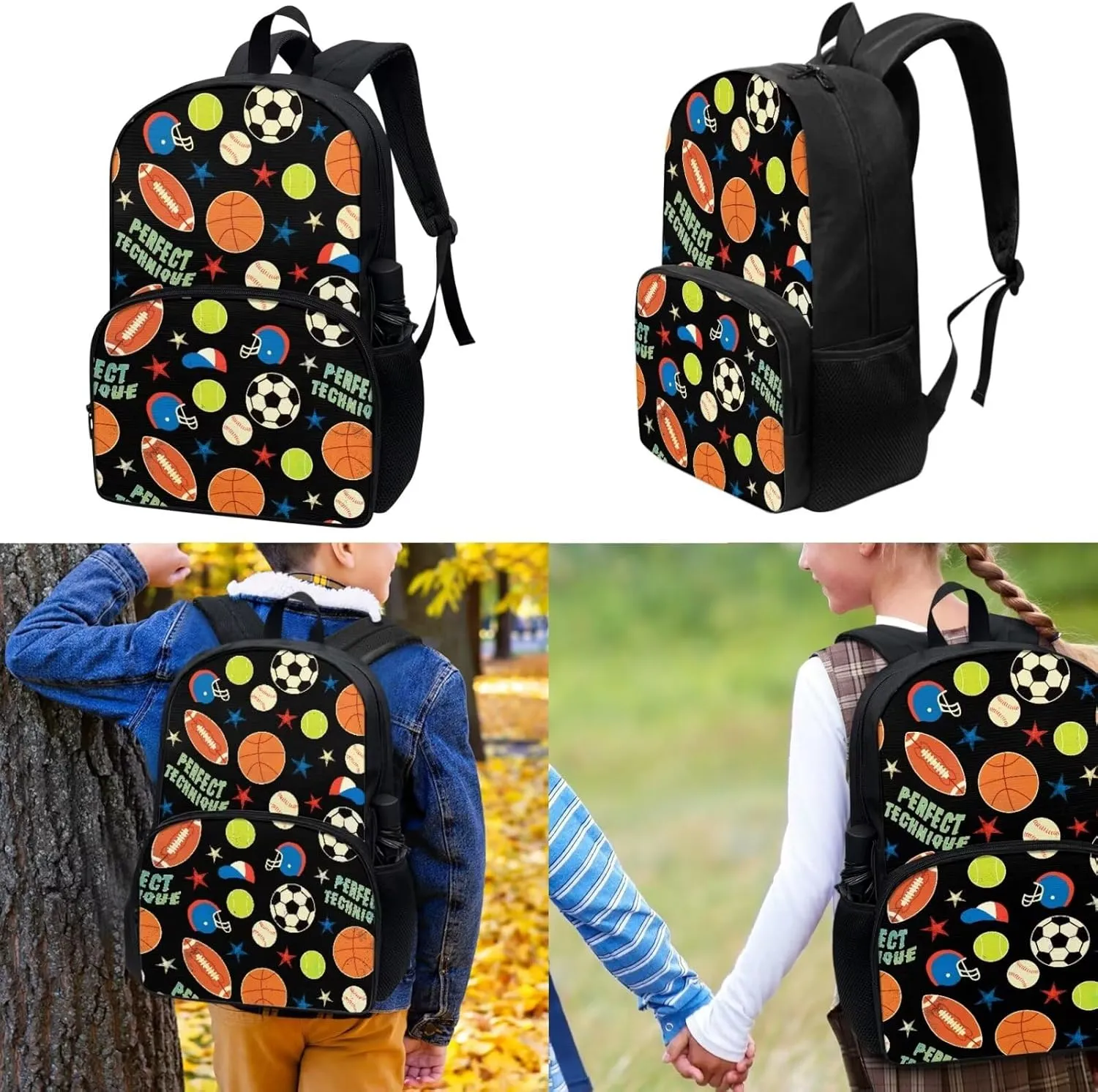 Boys School Backpack with Lunch Bag 3 in 1 Balls Print Pen Case for Kids Elementary School Backpack 17 inch with Laptop Compartment and Insulated Lunch Box with Zipper Pockets