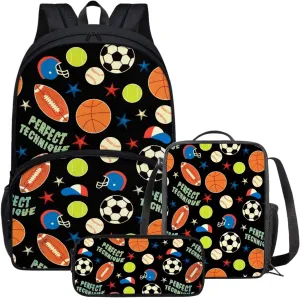 Boys School Backpack with Lunch Bag 3 in 1 Balls Print Pen Case for Kids Elementary School Backpack 17 inch with Laptop Compartment and Insulated Lunch Box with Zipper Pockets