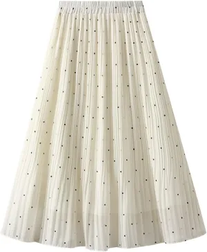 BTDECLAR Polka Dot Chiffon Skirts for Women Trendy Casual Bohemia Summer Pleated Skirt Elastic Waist Swing A-Line Midi Skirts