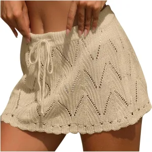 BTDECLAR Women's Crochet Skirt Summer Casual Drawstring Knitted Short Skirt High Waisted Swimsuit Cover Up Beach Mini Skirts
