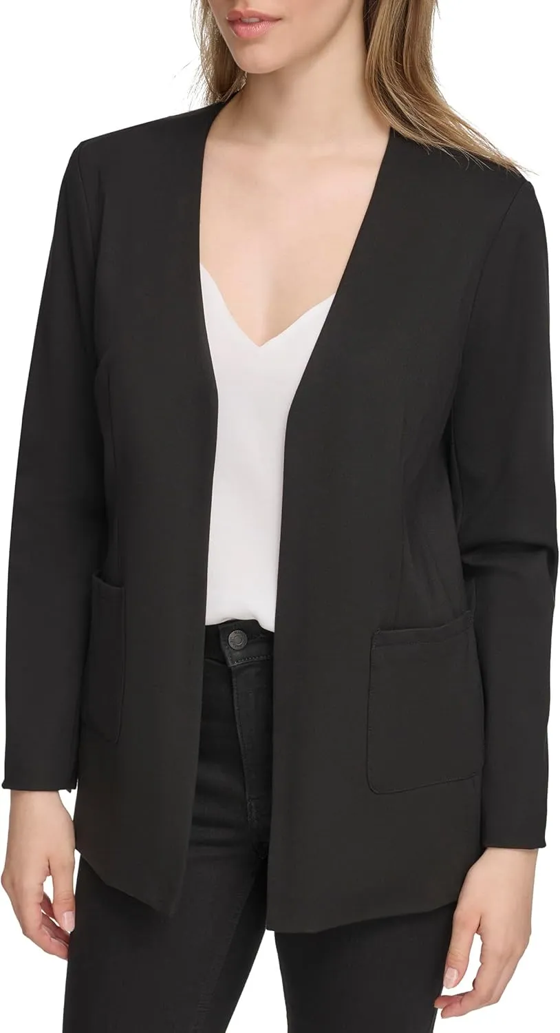 Calvin Klein Women's Lightweight Ponte V Neck Utilitarian Pockets Jacket (Standard and Plus Size)