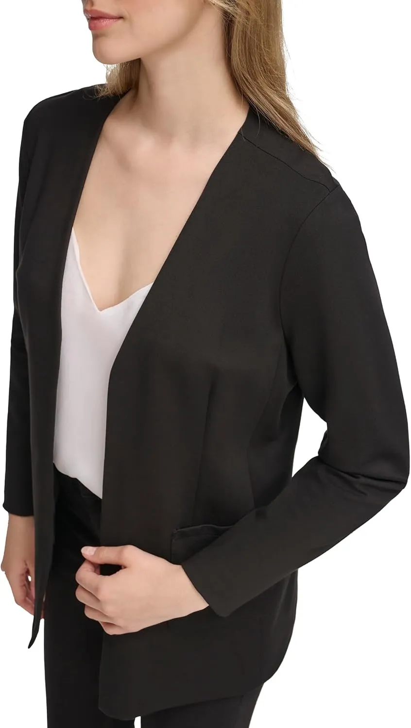 Calvin Klein Women's Lightweight Ponte V Neck Utilitarian Pockets Jacket (Standard and Plus Size)