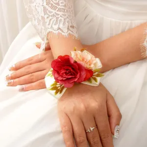 CASDRE Bride Wedding Wrist Corsage Bridal Hand Flower Pearl Corsage Wristlet Wedding Accessories for Women and Girls (Red)