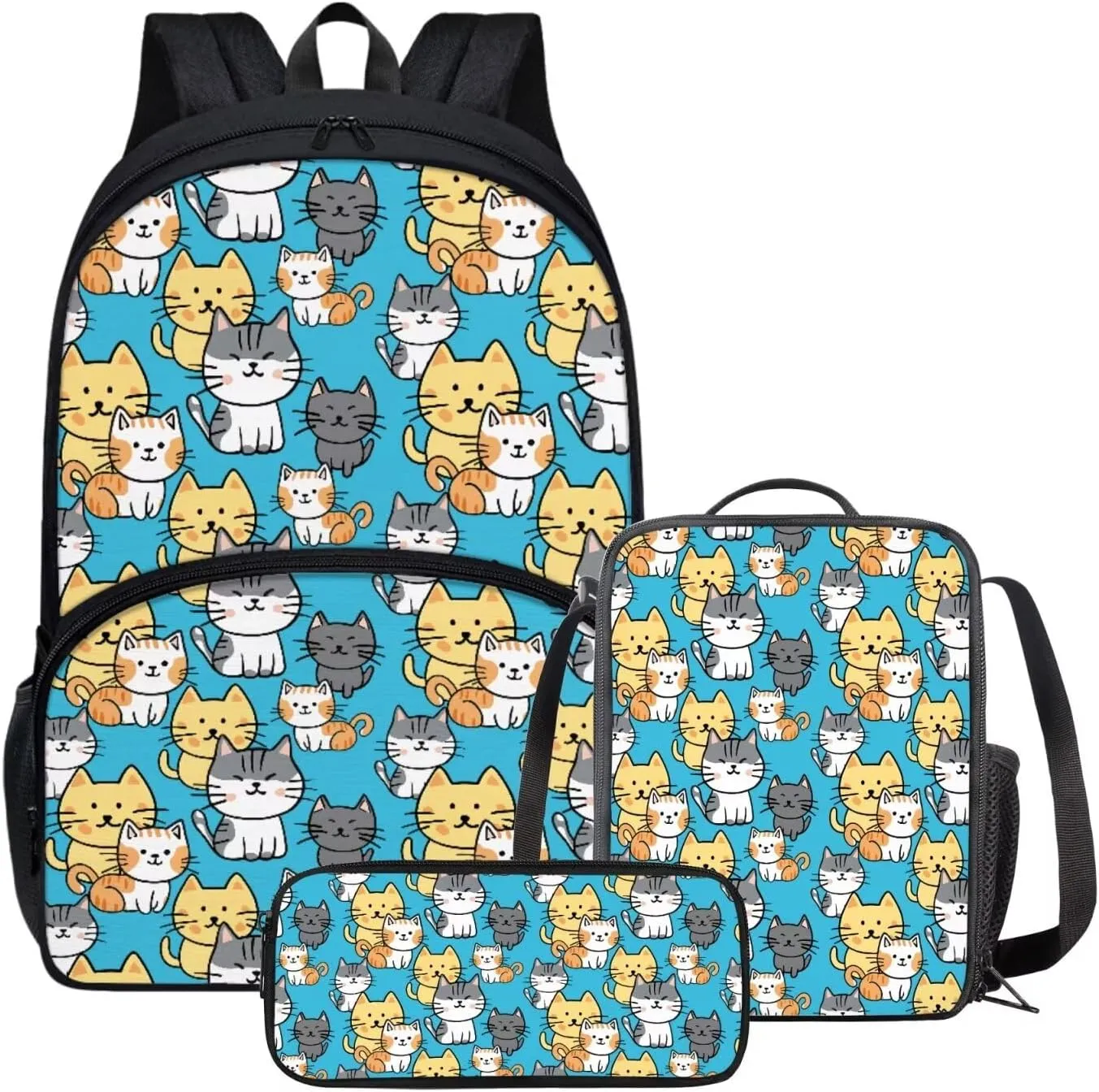 Cat Bookbag for Girls Lunch Bag and Pencil Case Set Cute Pencil Cases Lunch Box with Zipper Pockets School Bag with Laptop Compartment