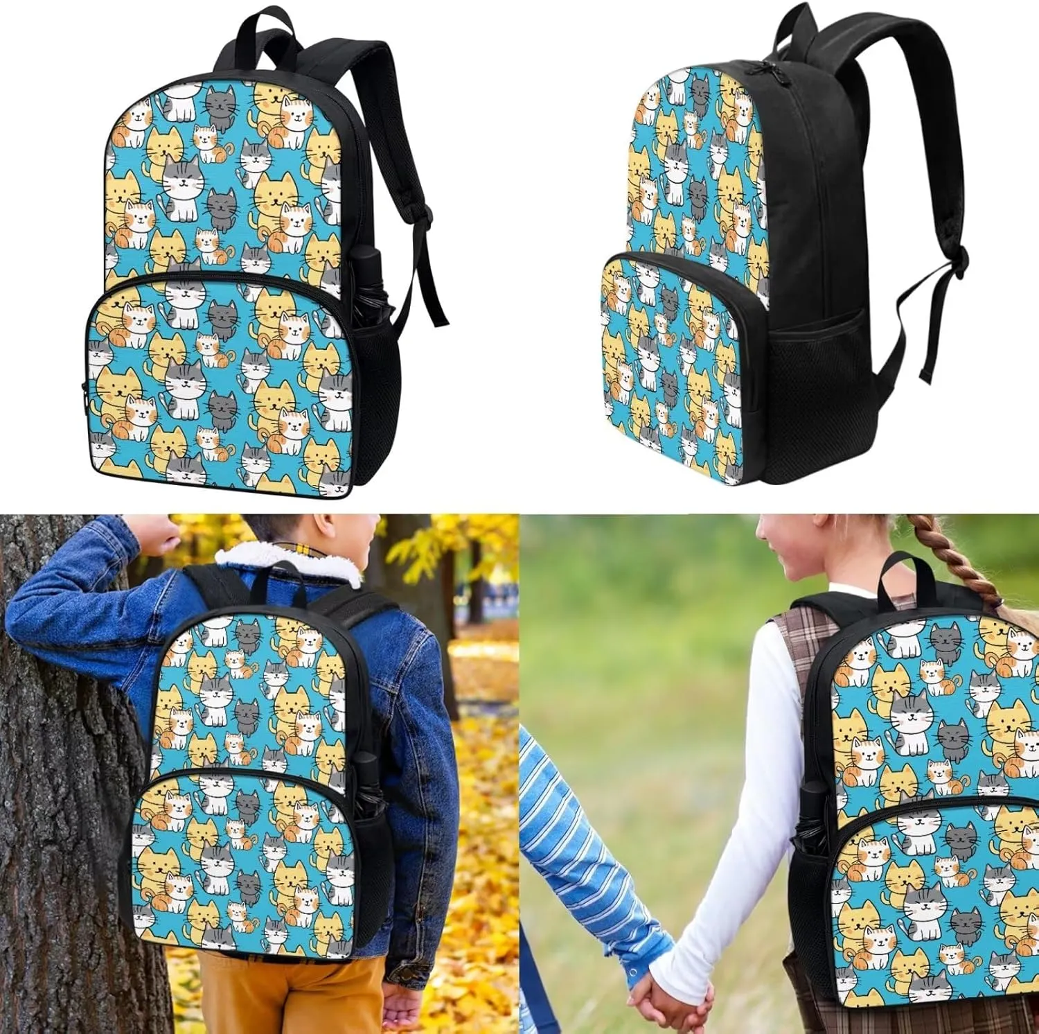 Cat Bookbag for Girls Lunch Bag and Pencil Case Set Cute Pencil Cases Lunch Box with Zipper Pockets School Bag with Laptop Compartment