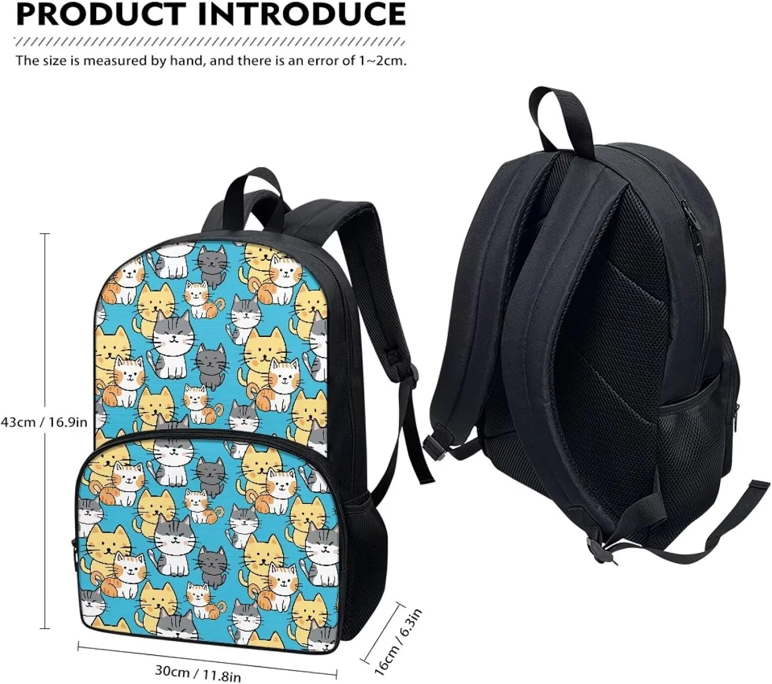 Cat Bookbag for Girls Lunch Bag and Pencil Case Set Cute Pencil Cases Lunch Box with Zipper Pockets School Bag with Laptop Compartment
