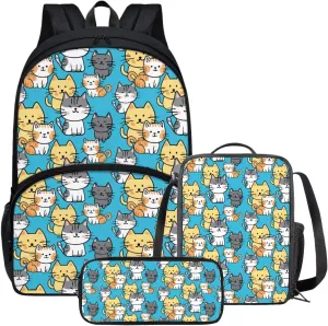 Cat Bookbag for Girls Lunch Bag and Pencil Case Set Cute Pencil Cases Lunch Box with Zipper Pockets School Bag with Laptop Compartment