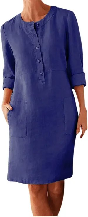 Ceboyel Women 2023 Button Linen Dresses Cotton Summer Midi Dresses Short Sleeve Casual Shirt Dress Ladies Teacher Clothing