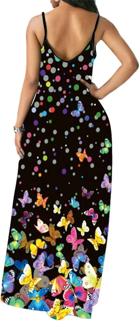 Chaos World Women's Maxi Dress V-Neck Strappy 3D Print Loose Summer Casual Dress