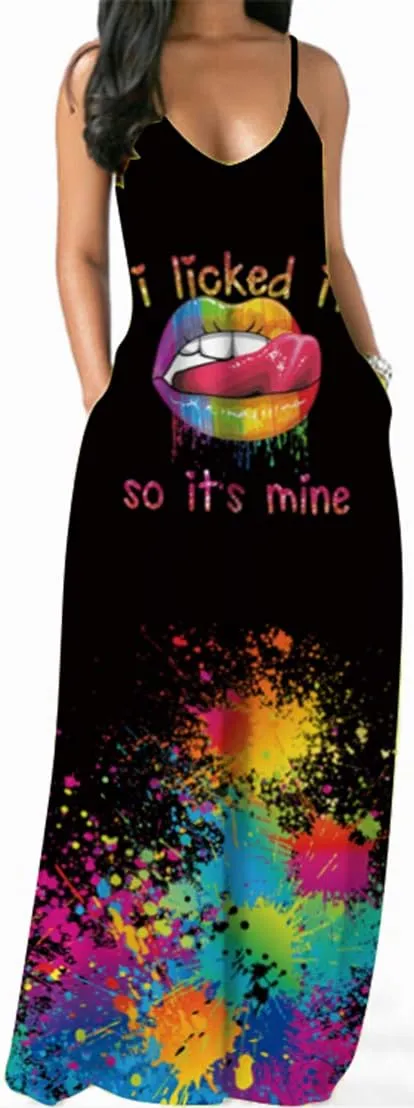 Chaos World Women's Maxi Dress V-Neck Strappy 3D Print Loose Summer Casual Dress