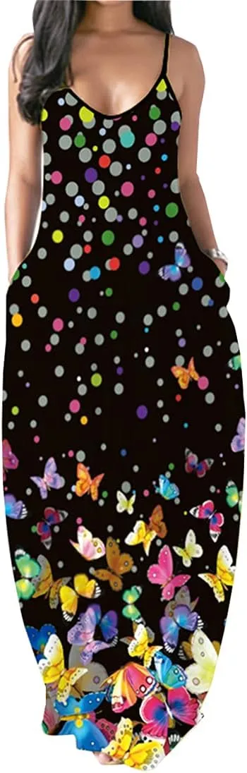 Chaos World Women's Maxi Dress V-Neck Strappy 3D Print Loose Summer Casual Dress