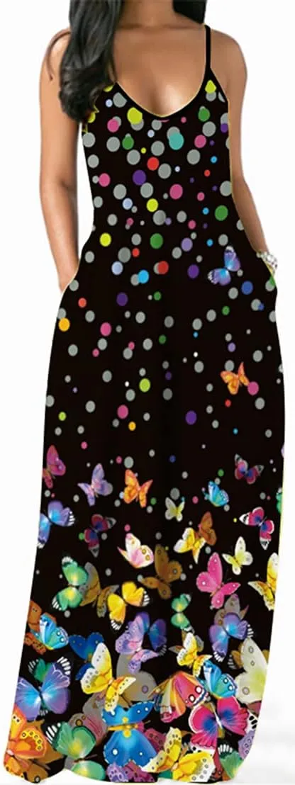 Chaos World Women's Maxi Dress V-Neck Strappy 3D Print Loose Summer Casual Dress