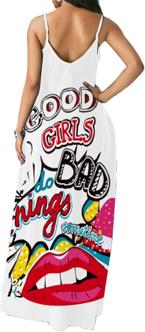 Chaos World Women's Maxi Dress V-Neck Strappy 3D Print Loose Summer Casual Dress