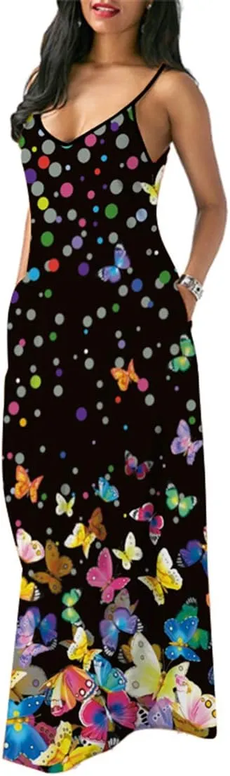 Chaos World Women's Maxi Dress V-Neck Strappy 3D Print Loose Summer Casual Dress