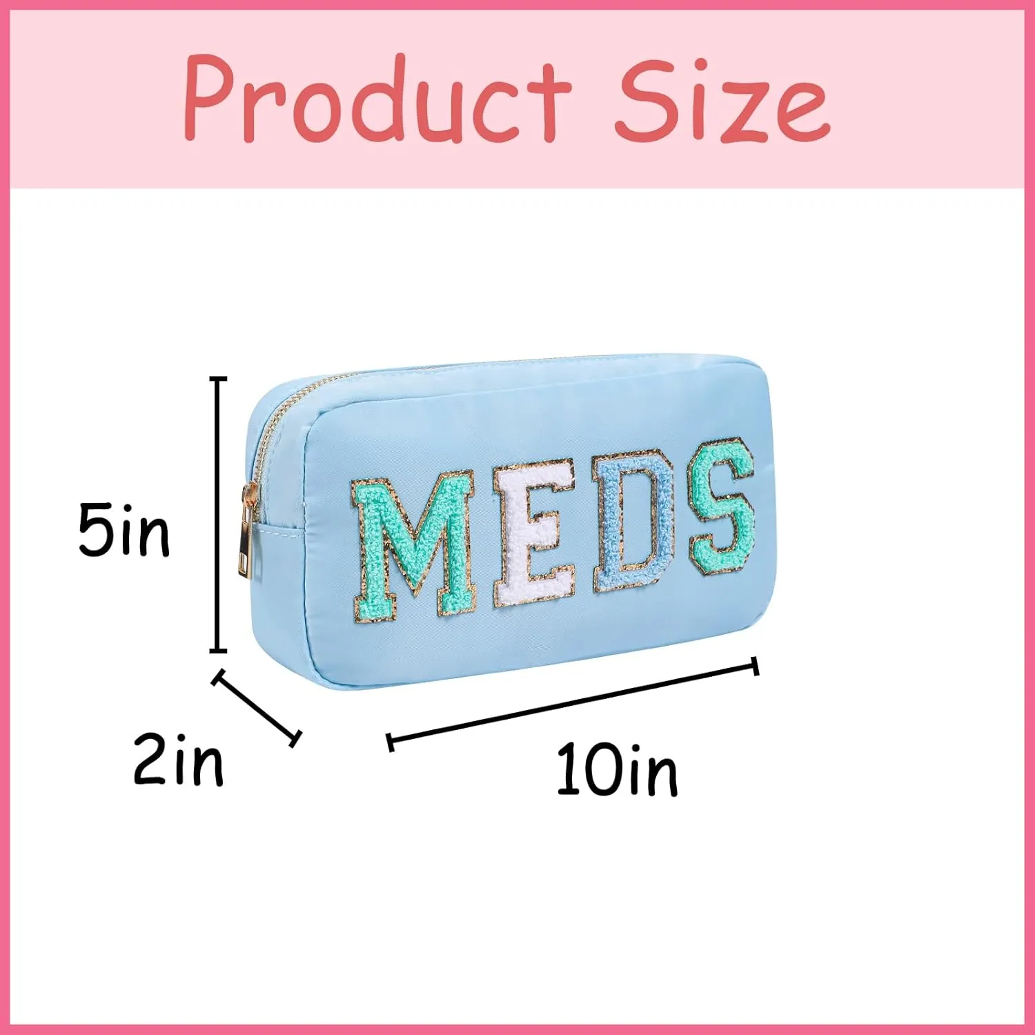 Chenille Letter Patch Nylon Medicine Packages,Cute MEDS Travel Makeup Bag with Metal Zipper, First Aid Purse Organizer Cosmetic Bag for Women and Girls(02Light Blue)
