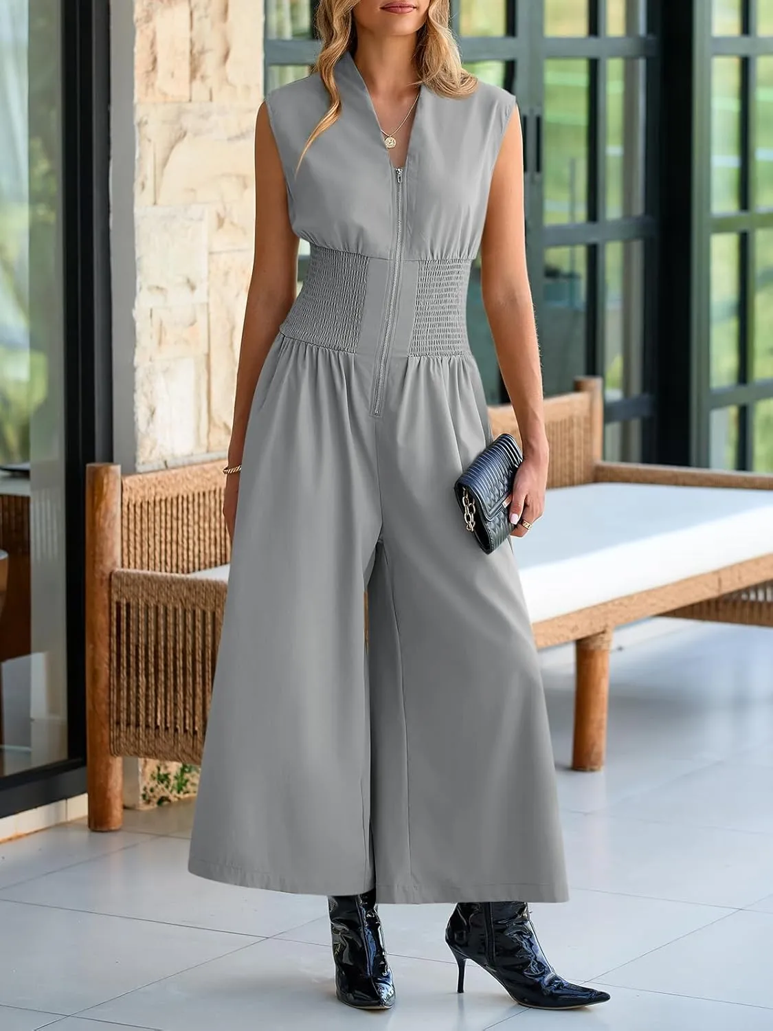 Cicy Bell Womens V Neck Casual Dressy Jumpsuits Smocked Zip Up Sleeveless Wide Leg Jumpsuit Summer Teacher Work Outfit
