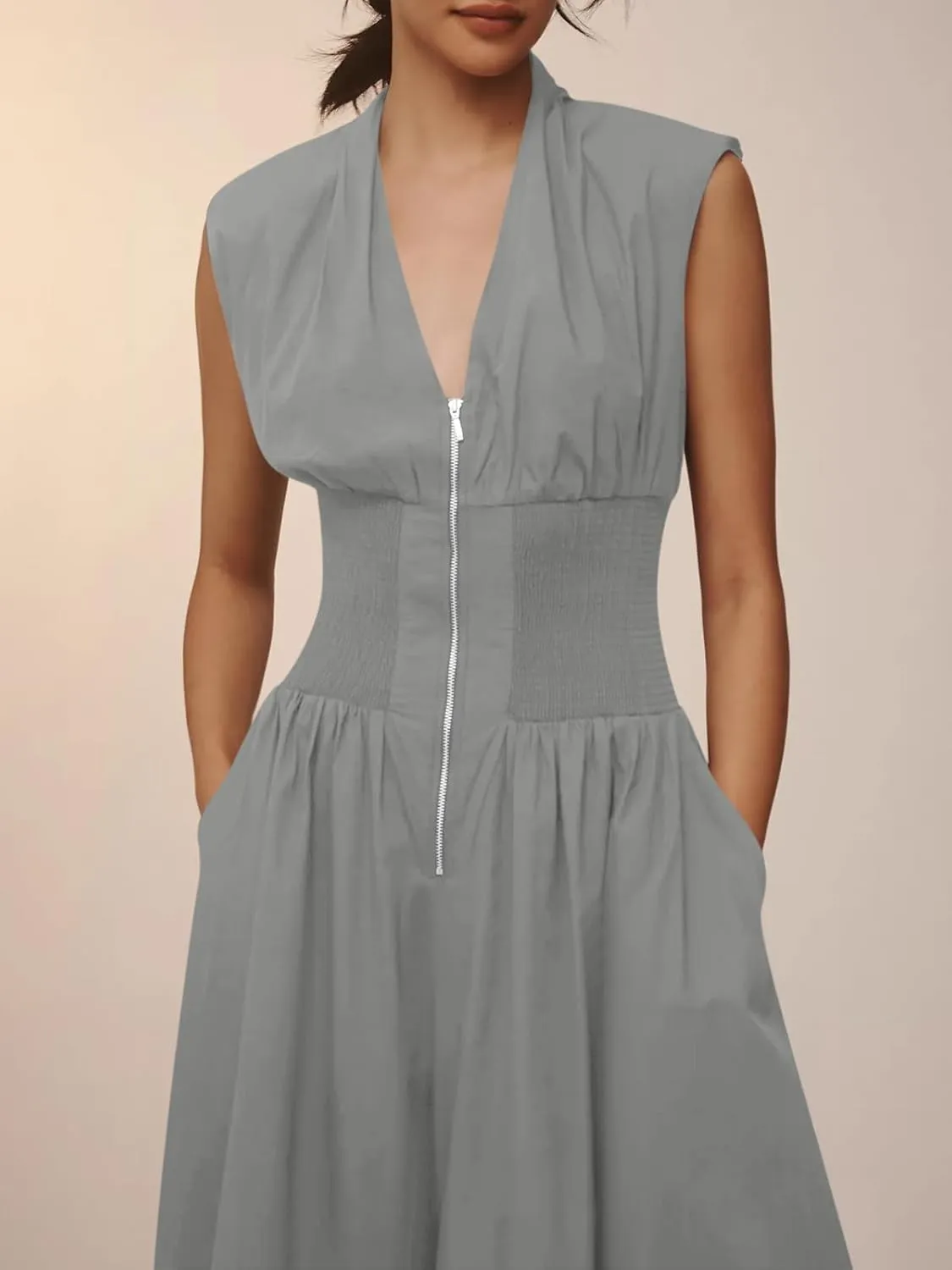 Cicy Bell Womens V Neck Casual Dressy Jumpsuits Smocked Zip Up Sleeveless Wide Leg Jumpsuit Summer Teacher Work Outfit