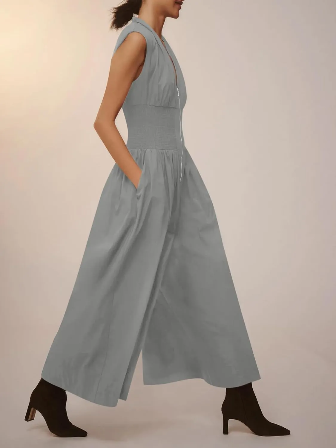 Cicy Bell Womens V Neck Casual Dressy Jumpsuits Smocked Zip Up Sleeveless Wide Leg Jumpsuit Summer Teacher Work Outfit