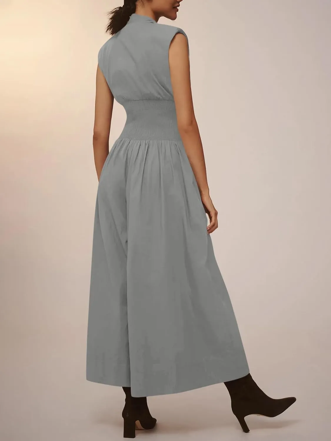 Cicy Bell Womens V Neck Casual Dressy Jumpsuits Smocked Zip Up Sleeveless Wide Leg Jumpsuit Summer Teacher Work Outfit