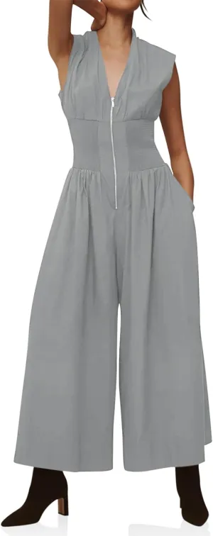 Cicy Bell Womens V Neck Casual Dressy Jumpsuits Smocked Zip Up Sleeveless Wide Leg Jumpsuit Summer Teacher Work Outfit