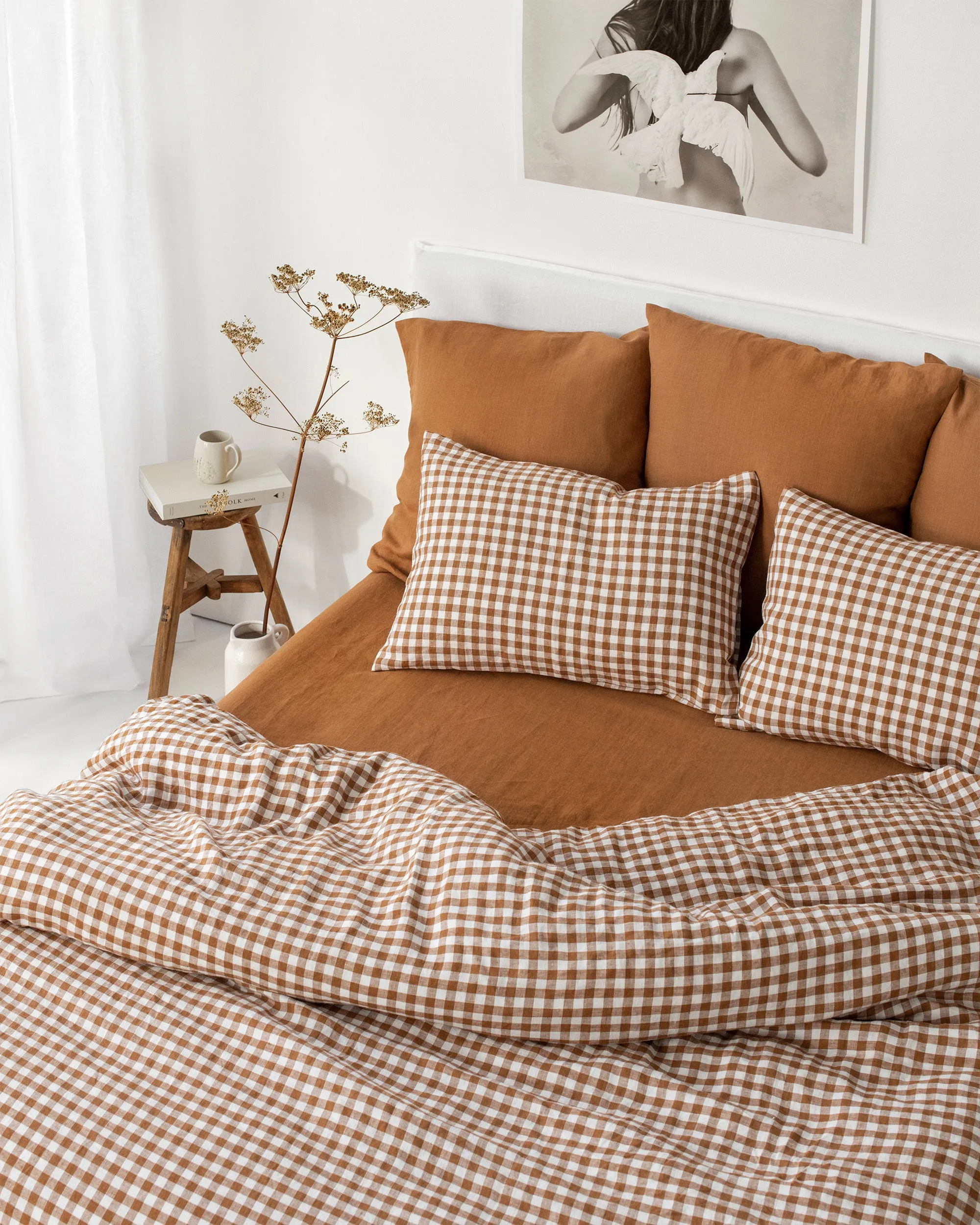 Cinnamon gingham linen sheet set (4 pcs)