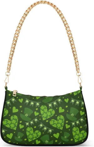 Clover Leaves on A Green Background Shoulder Handbags for Women Travel Hobo Tote Handbag Women Gold Chain Shoulder Bags Purse with Zipper Closure