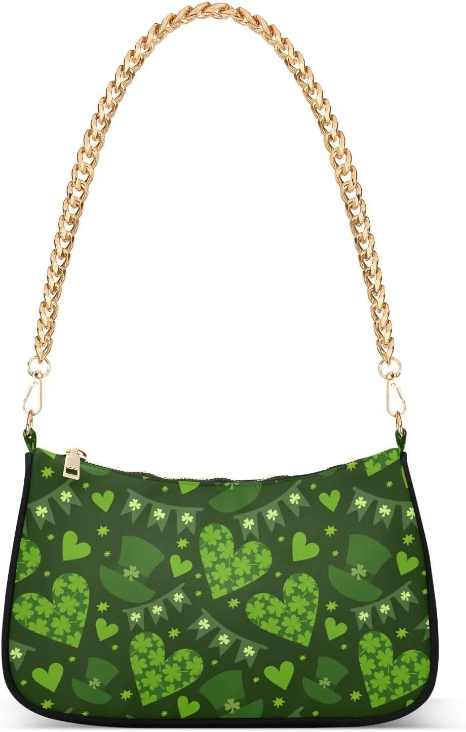 Clover Leaves on A Green Background Shoulder Handbags for Women Travel Hobo Tote Handbag Women Gold Chain Shoulder Bags Purse with Zipper Closure