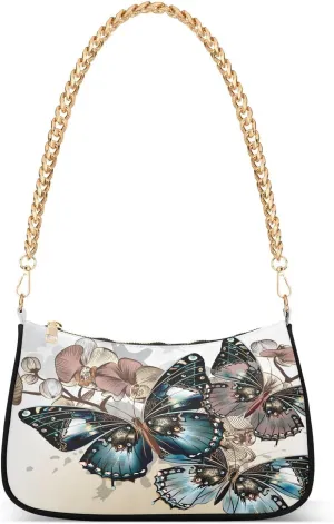 Colorful Floral with Butterfly Shoulder Handbags for Women Travel Hobo Tote Handbag Women Gold Chain Shoulder Bags Purse with Zipper Closure