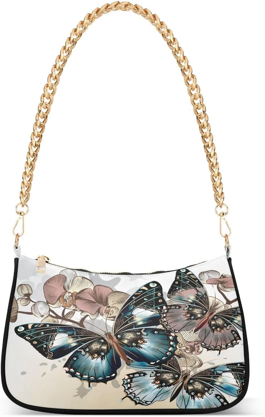 Colorful Floral with Butterfly Shoulder Handbags for Women Travel Hobo Tote Handbag Women Gold Chain Shoulder Bags Purse with Zipper Closure